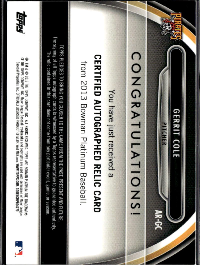 Gerrit Cole 2013 Bowman Platinum Auto Autograph Game Worn Patch Pirates