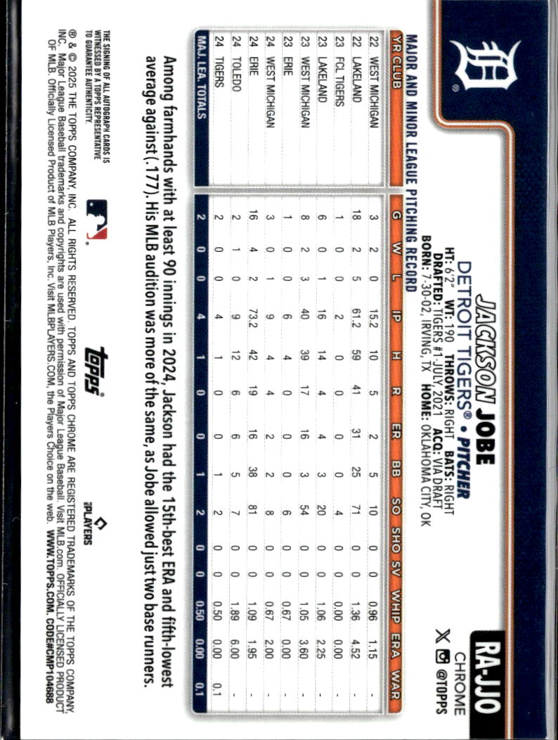 Jackson Jobe 2024 Topps Chrome Auto Autograph RC Rookie Detroit Tigers