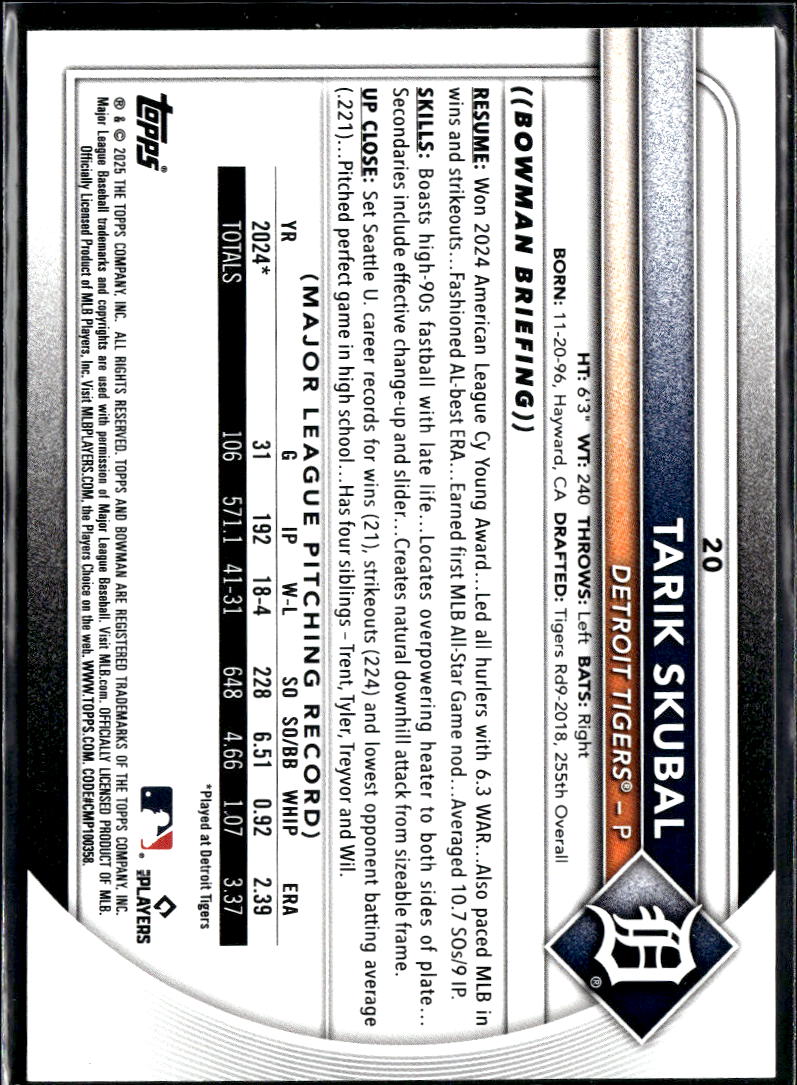 Tarik Skubal 2025 Bowman Yellow Parallel 25/75 Detroit Tigers