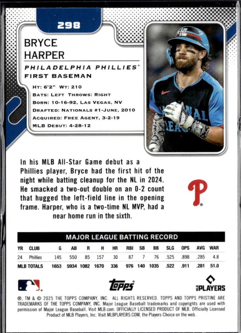Bryce Harper 2025 Topps Pristine Blue Refractir 68/75 Philadelphia Phillies