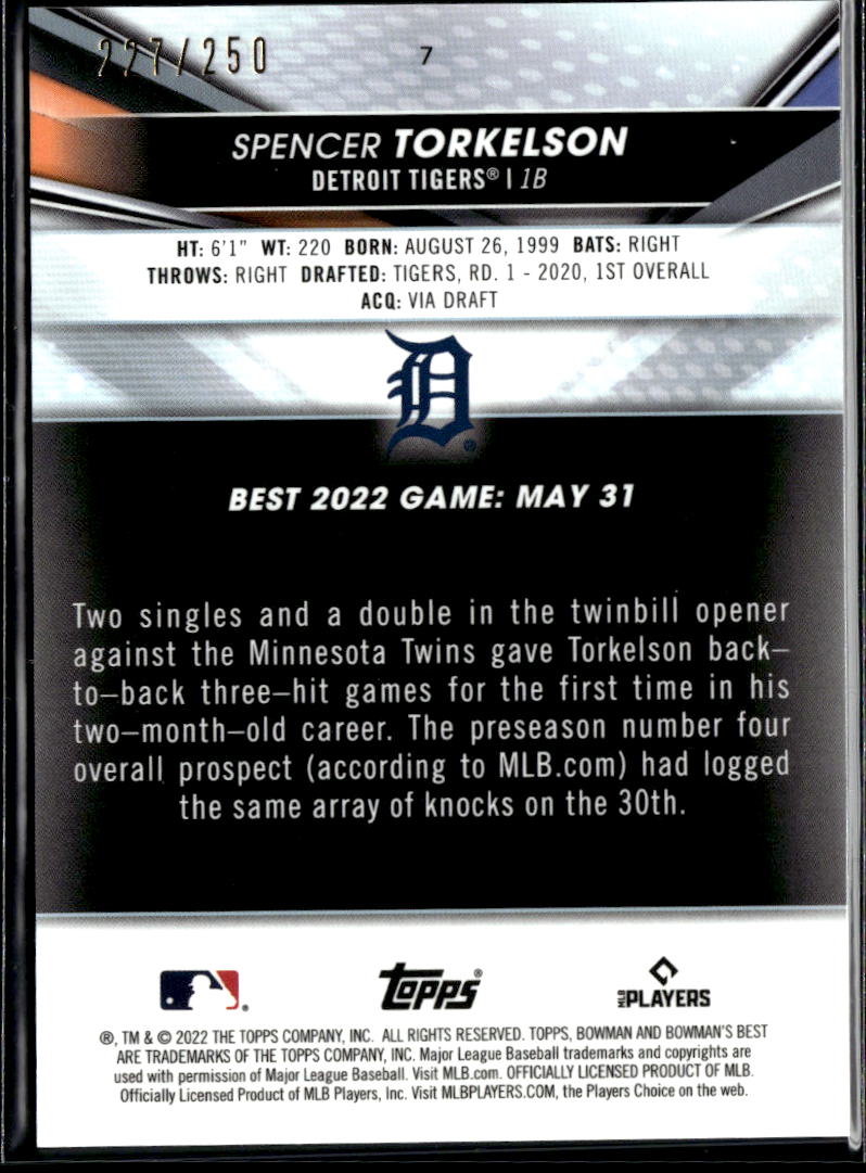 Spencer Torkelson 2022 Bowman's Best RC Purple Refractor 227/250 Detroit Tigers