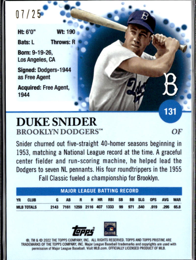 Duke Snider 2022 Topps Pristine Orange Refractor 7/25 Brooklyn Dodgers