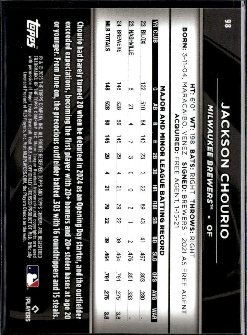 Jackson Chourio 2025 Topps Chrome Black Purple Refractor 61/75 Milwaukee Brewers