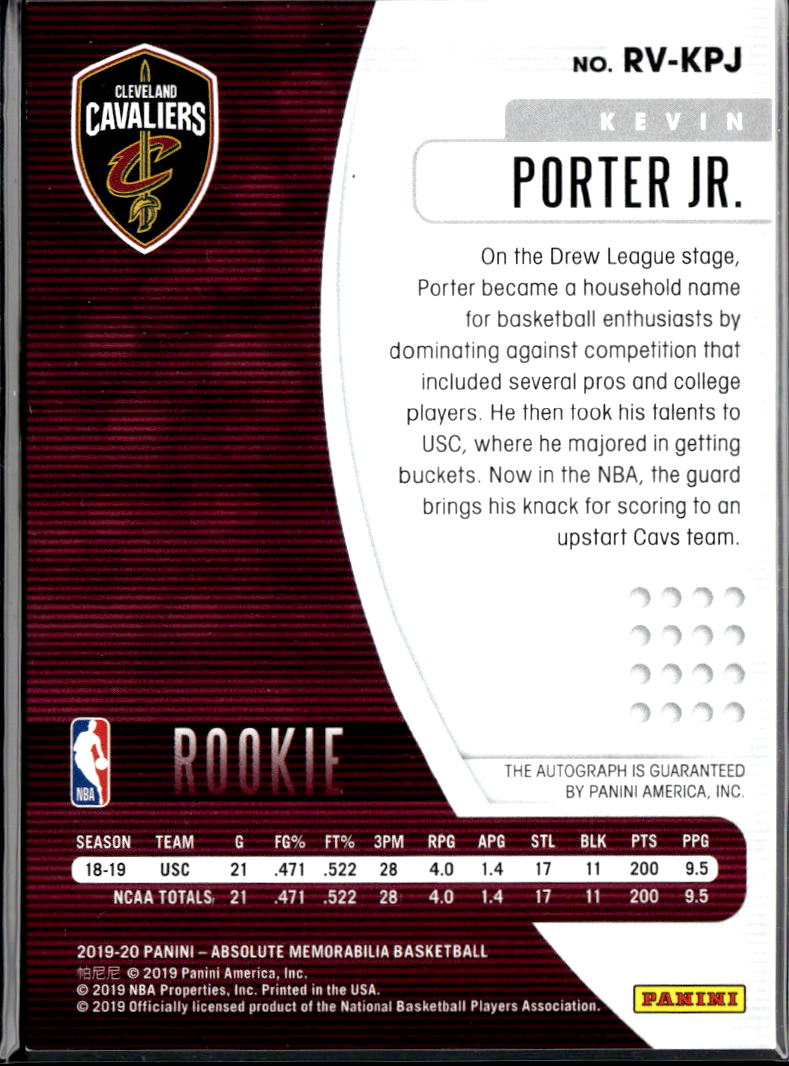 Kevin Porter Jr. 2019-20 Absolute Auto Autograph BLACK RC 1/1 Cavaliers