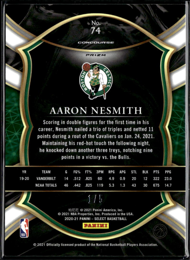 Aaron Nesmith 2020-21 Select Green Emerald Prizm RC Rookie 1/5 Boston Celtics