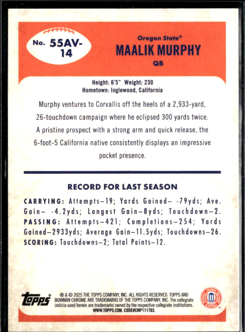 Maalik Murphy 2025 Bowman Chrome '55 Blue Refractor 89/150 Oregon State Beavers