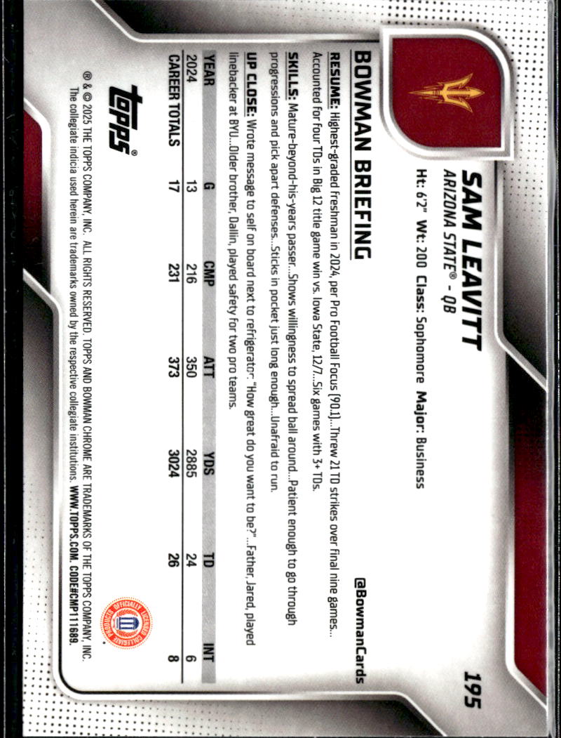 Sam Leavitt 2024 Bowman Chrome 1st Yellow Diamond RC 128/350 Arizona State