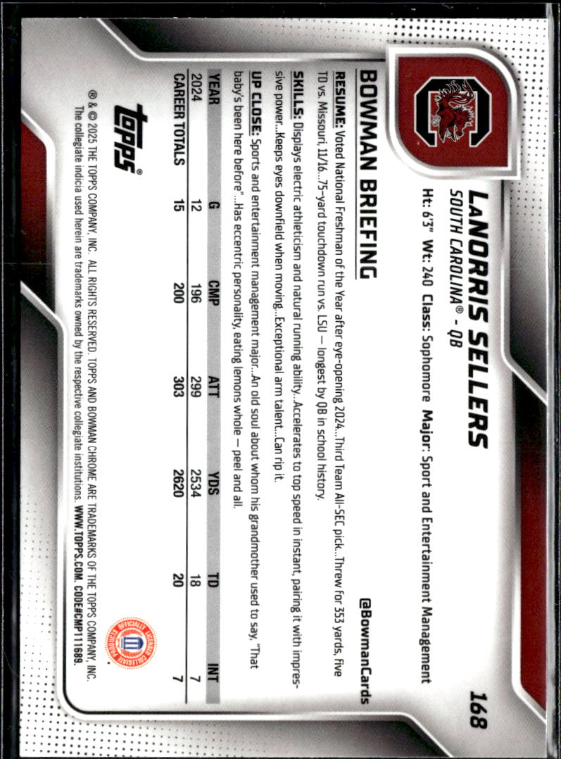 LaNorris Sellers 2025 Bowman Chrome 1st Aqua Refractor RC South Carolina /325