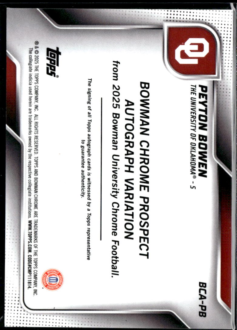Peyton Bowen 2025 Bowman Chrome 1st Auto Autograph RC Oklahoma Sooners