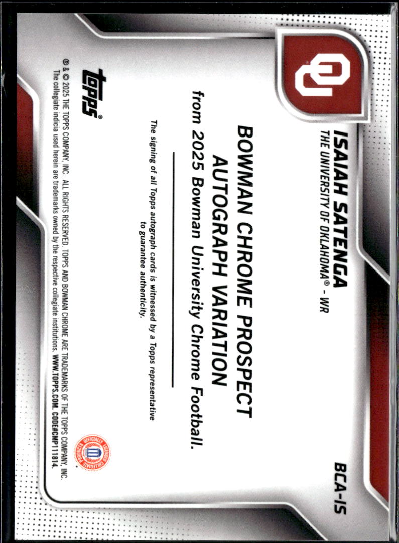 Isaiah Satenga 2025 Bowman Chrome 1st Auto Autograph RC 15/150 Oklahoma Sooners