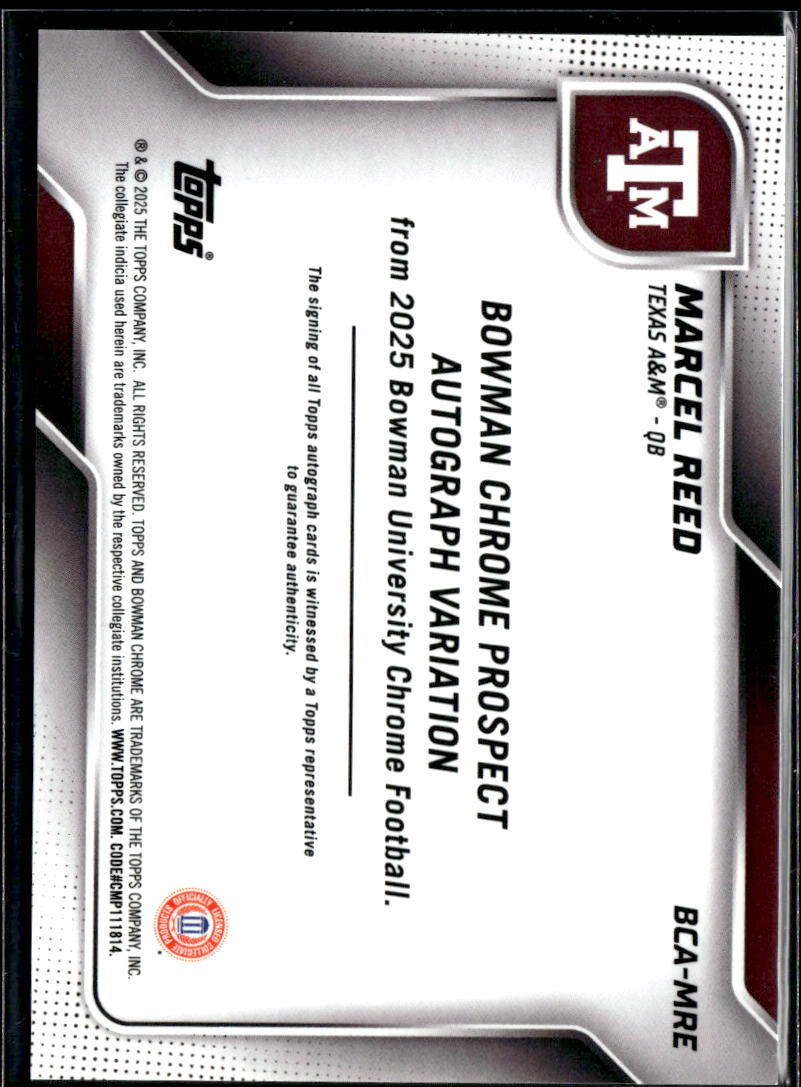 Marcel Reed 2025 Bowman Chrome Auto Autograph RC Texas A&M Aggies