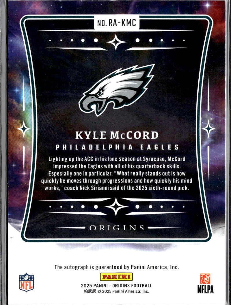 Kyle McCord 2025 Origins Auto Autograph Rookie RC Philadelphia Eagles