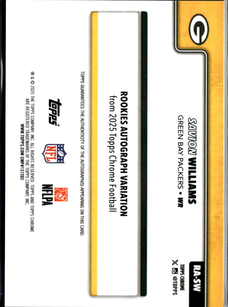 Savion Williams 2025 Topps Chrome Auto Autograph RC Green Bay Packers