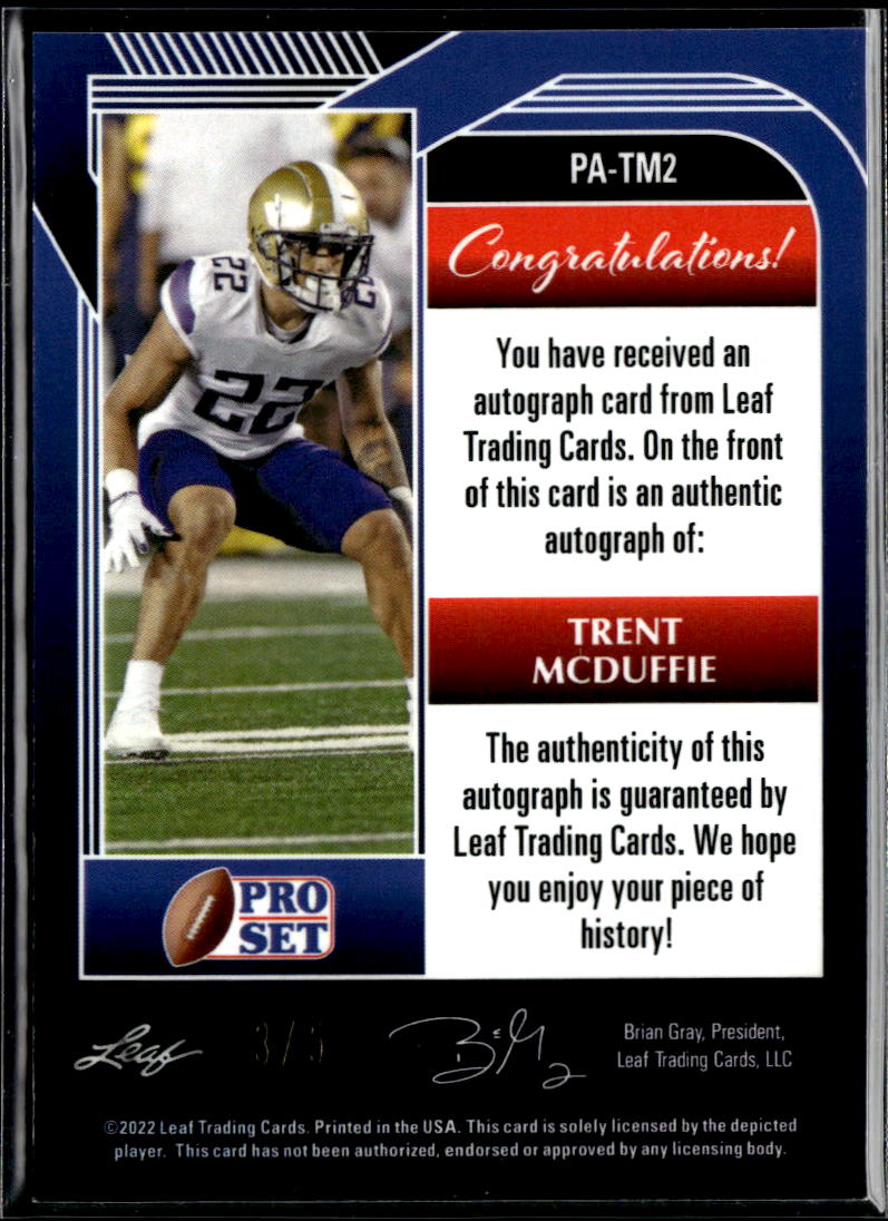Trent McDuffie 2022 Leaf Pro Set Auto Autograph RC Rookie 3/5 Washington Huskies