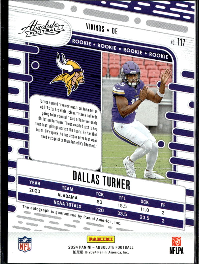 Dallas Turner 2024 Absolute Auto Autograph RC Rookie Minnesota Vikings