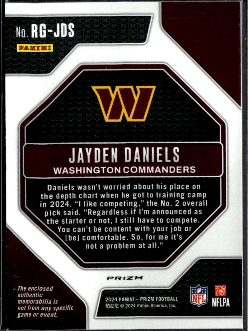 Jayden Daniels 2024 Prizm Jersey Patch Green RC Rookie Washington Commanders