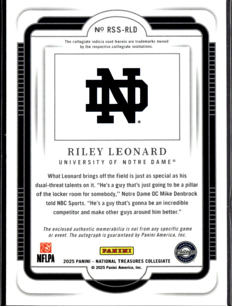 Riley Leonard 2025 National Treasures Auto Autograph Patch 31/99 Notre Dame