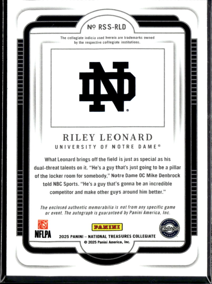 Riley Leonard 2025 National Treasures Auto Autograph Patch 49/99 Notre Dame