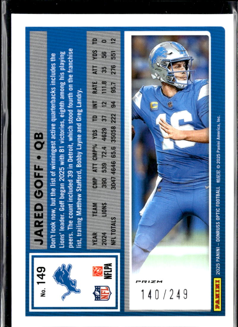Jared Goff 2025 Optic BLUE Prizm 140/249 Detroit Lions