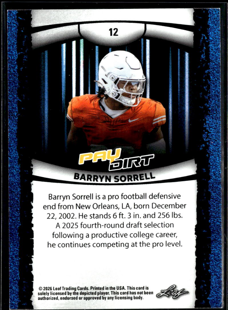 Barryn Sorrell 2026 Leaf Pay Dirt Black Rookie RC 2/5 Texas Longhorns