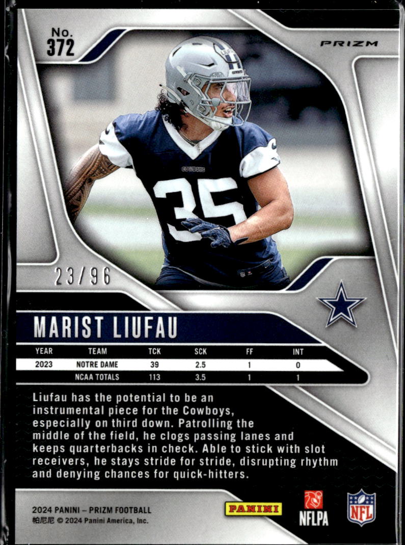 Marist Liufau 2024 Prizm Blue Shimmer Rookie RC 23/96 Dallas Cowboys