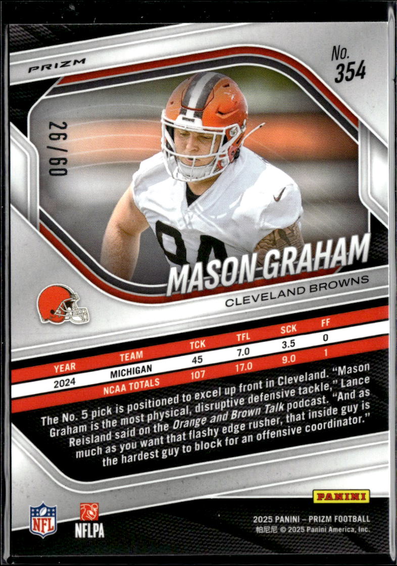Mason Graham 2025 Prizm Pink Super Bowl Prizm Rookie RC 26/60 Cleveland Browns