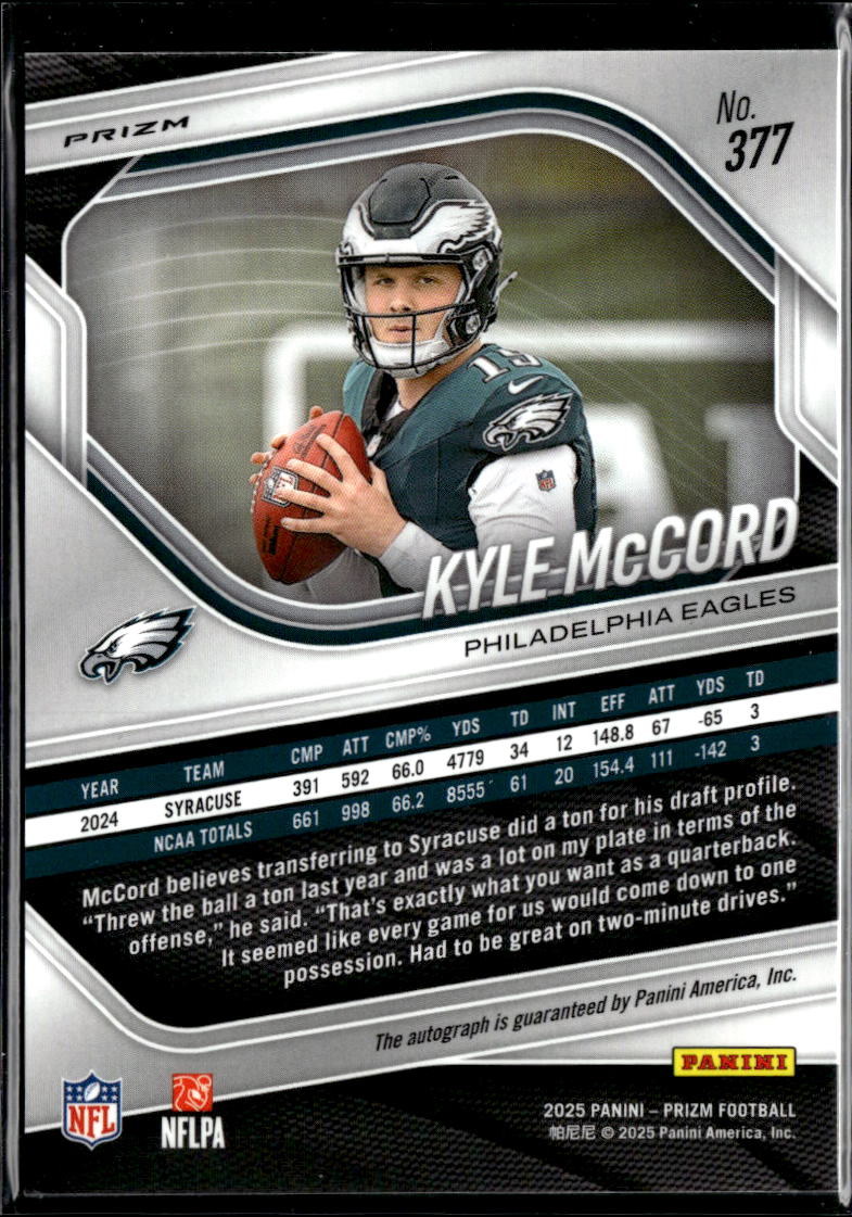 Kyle McCord 2025 Prizm Auto Autograph RC Silver Prizm Philadelphia Eagles