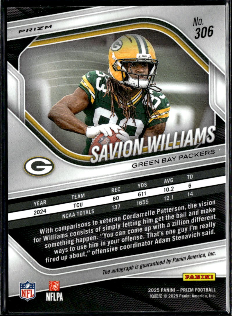Savion Williams 2025 Prizm Auto Autograph Disco Prizm RC Green Bay Packers