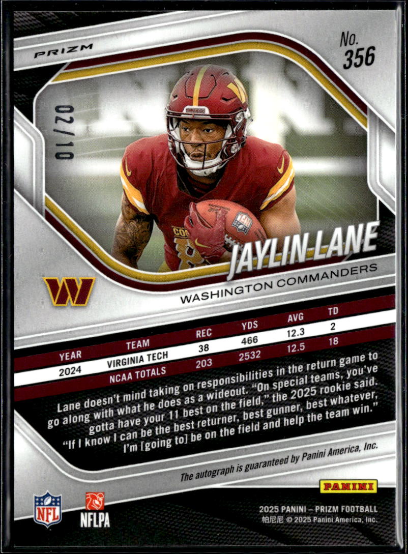 Jaylin Lane 2025 Prizm Auto Autograph GOLD Dicso Prizm RC 2/10 Commanders