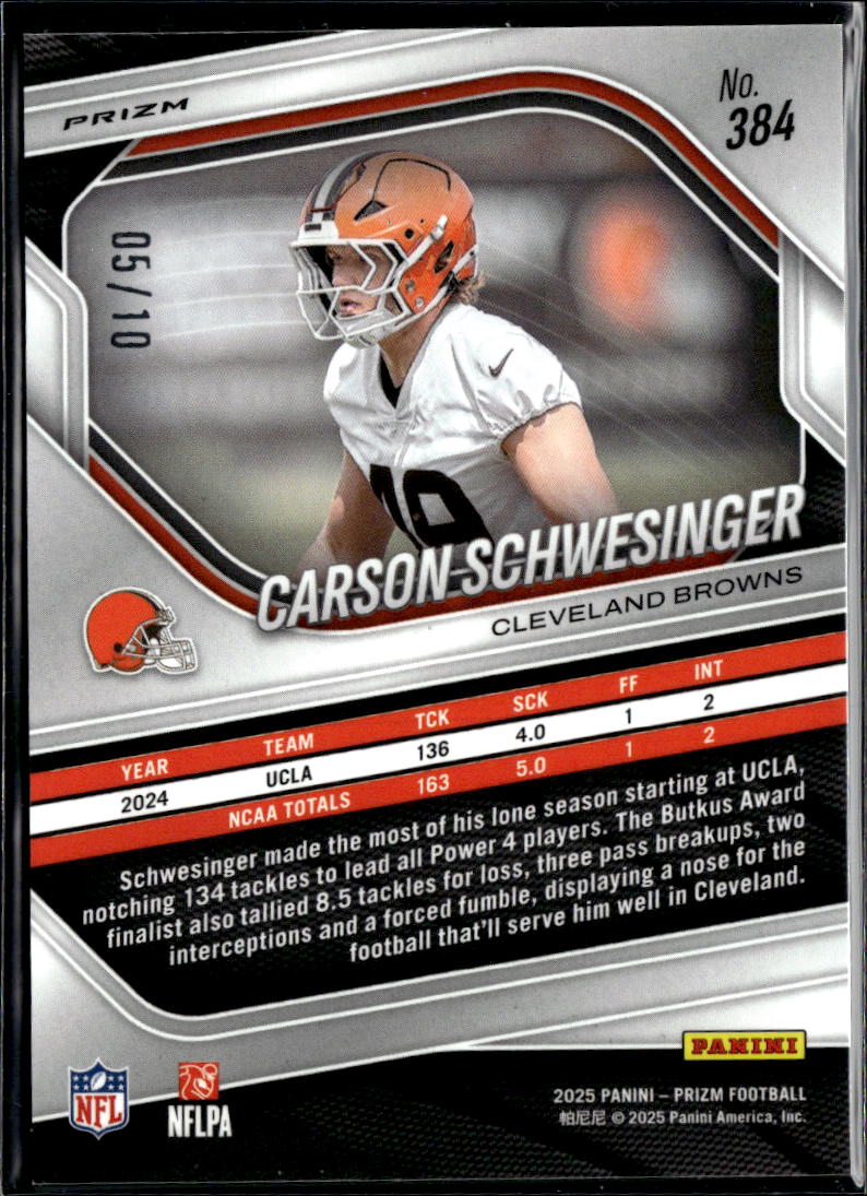 Carson Schwesinger 2025 Prizm GOLD Prizm Rookie RC 5/10 Cleveland Browns