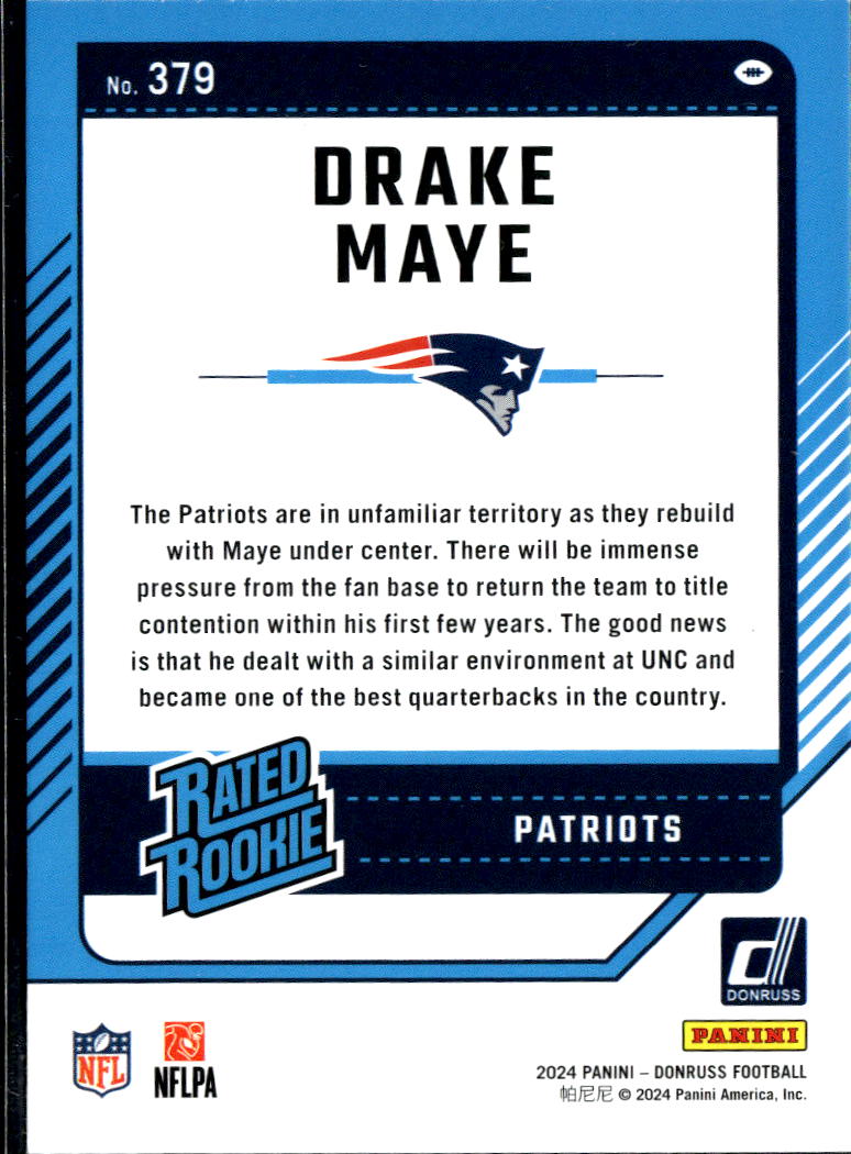 Drake Maye 2024 Donruss Rated Rookie Blue Press Proof RC New England Patriots