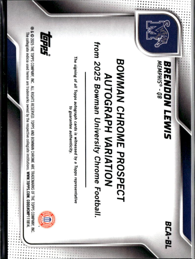 Brendon Lewis 2025 Bowman Chrome 1st Auto Autograph RC Memphis Tigers