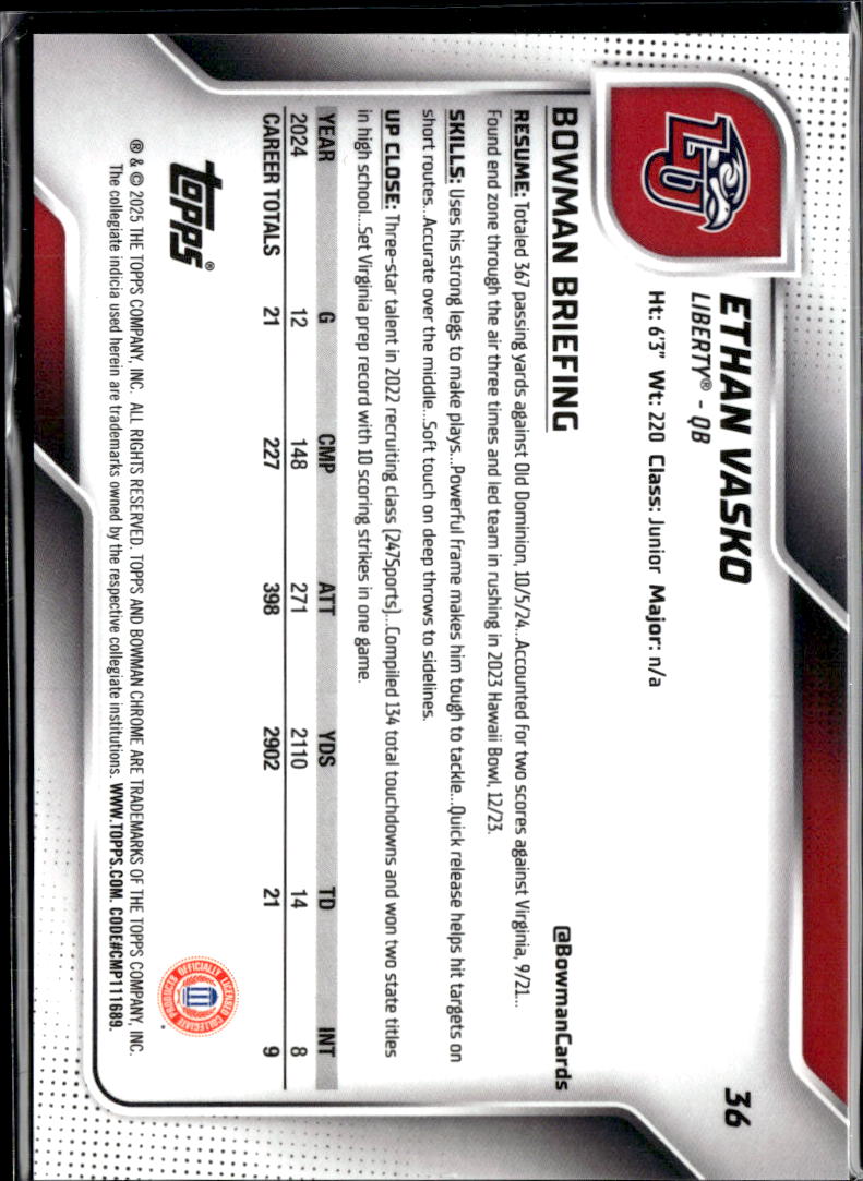 Ethan Vasko 2025 Bowman Chrome 1st GOLD Refractor RC 38/50 Liberty Flames