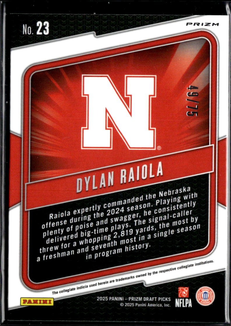 Dylan Raiola 2025 Prizm Draft Hype Orange Pulsar Prizm RC 49/75 Nebraska