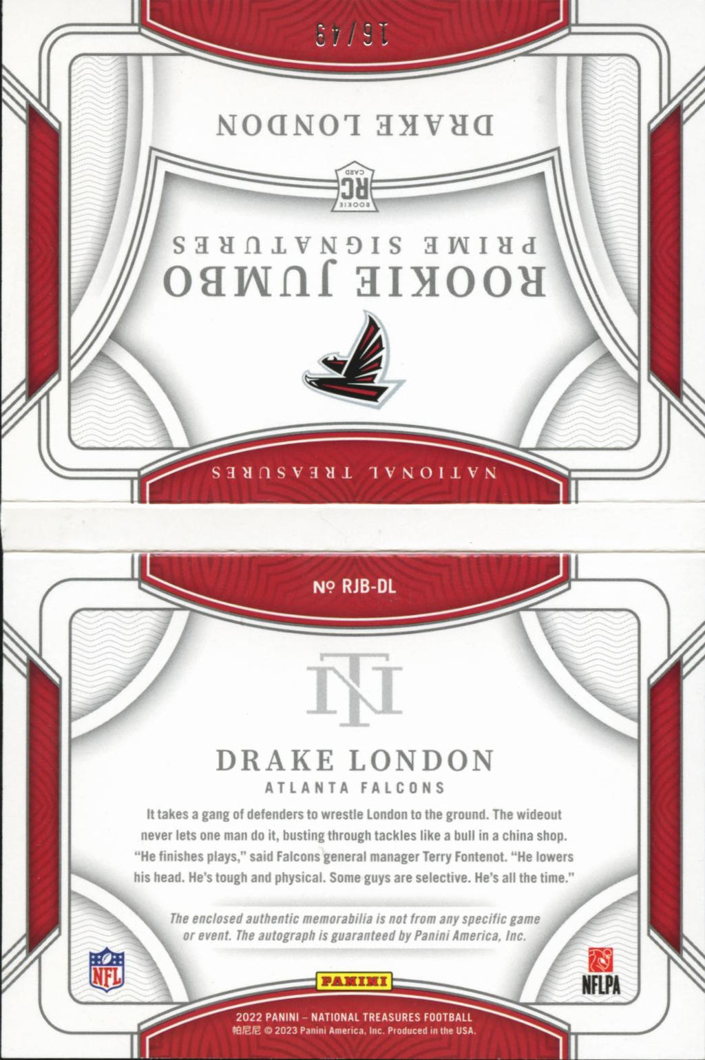 Drake London 2023 National Treasures Booklet Auto Autograph RC 16/49 Falcons
