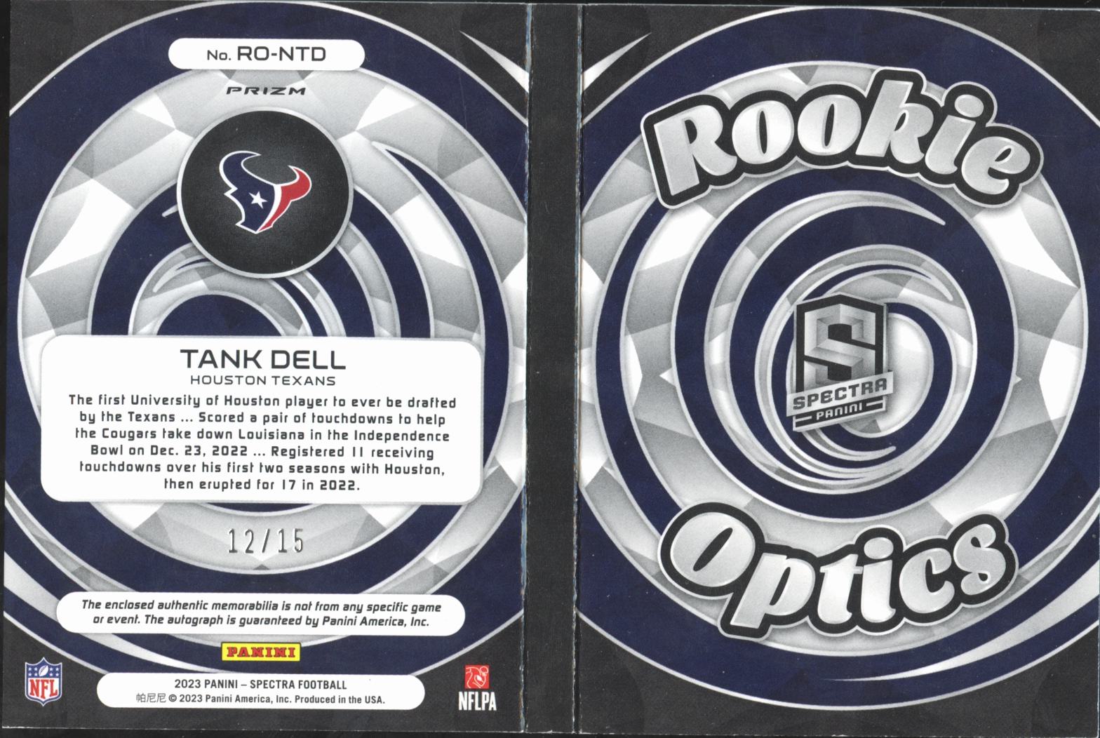 Tank Dell 2023 Spectra Auto Autograph Patch Booklet RC 12/15 Houston Texans