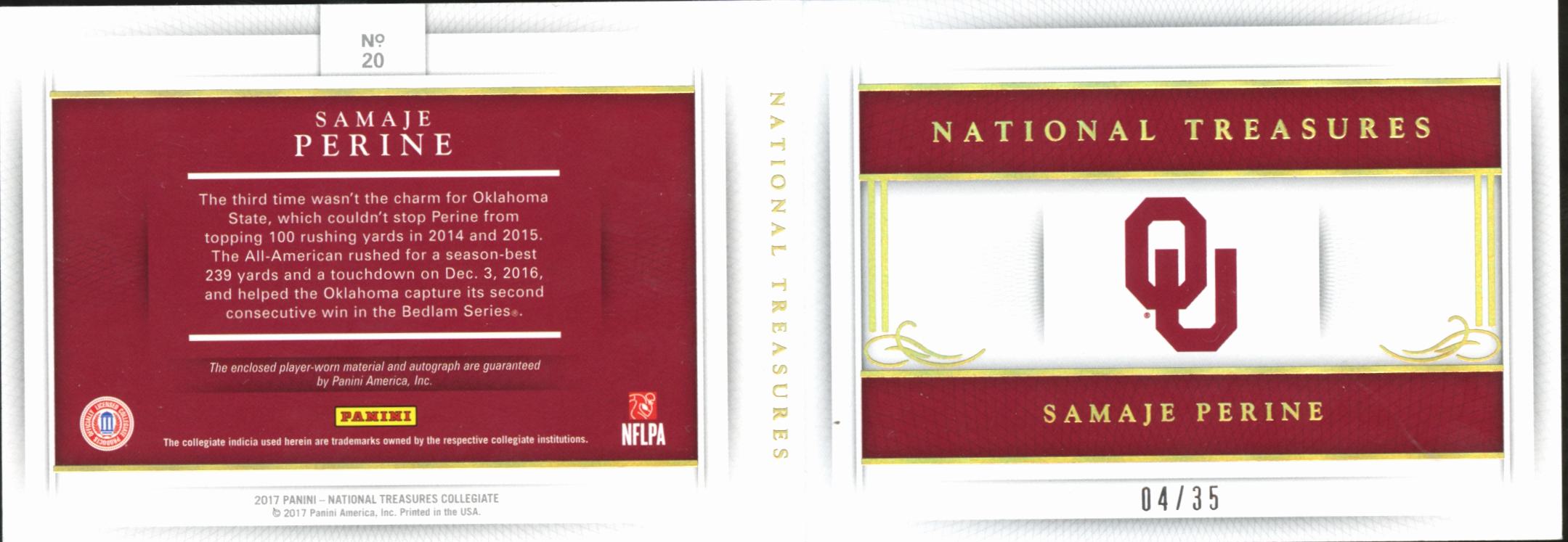 Samaje Perine 2017 National Treasures Auto Autograph Patch Booklet 4/35 Sooners