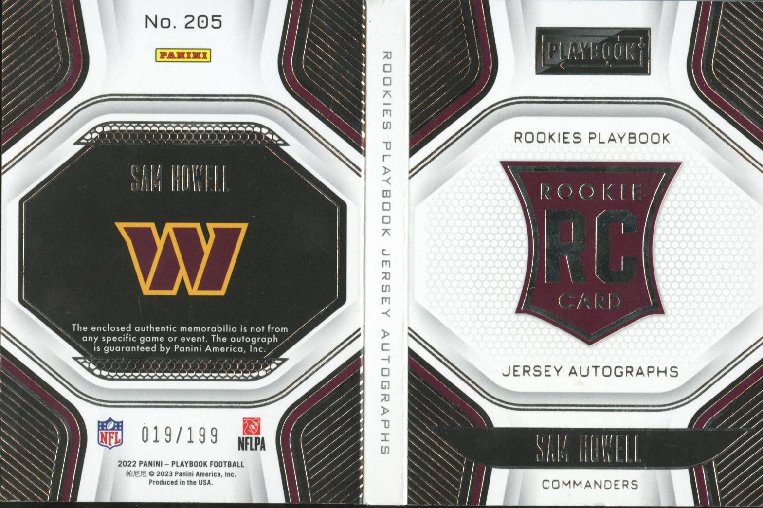 Sam Howell 2023 Playbook Auto Autograph Patch Booklet 19/199 Commanders