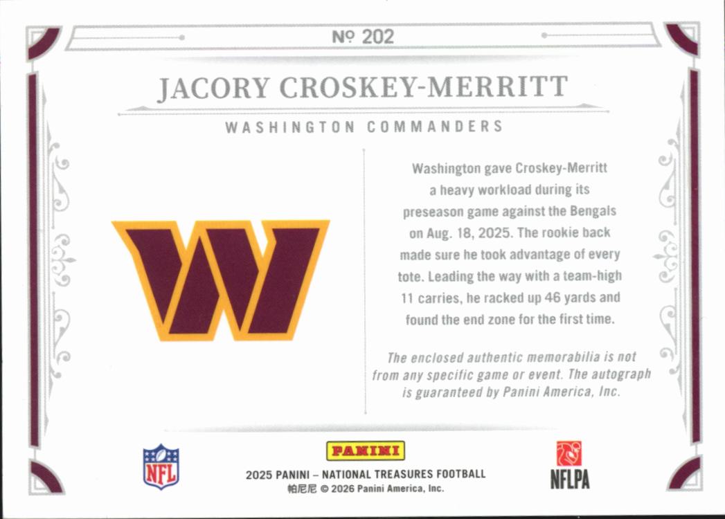Jacory Croskey-Merritt 2025 National Treasures Autograph RC Patch /20 Commanders