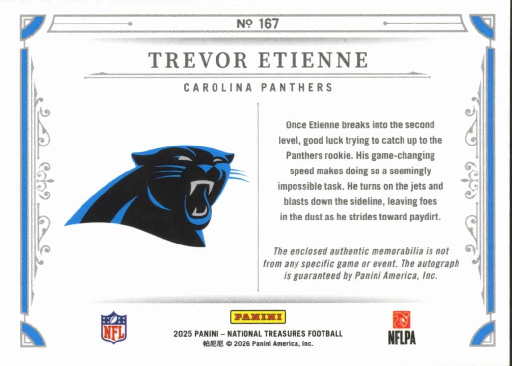 Trevor Etienne 2025 National Treasures Auto Autograph Patch RC 43/99 Panthers
