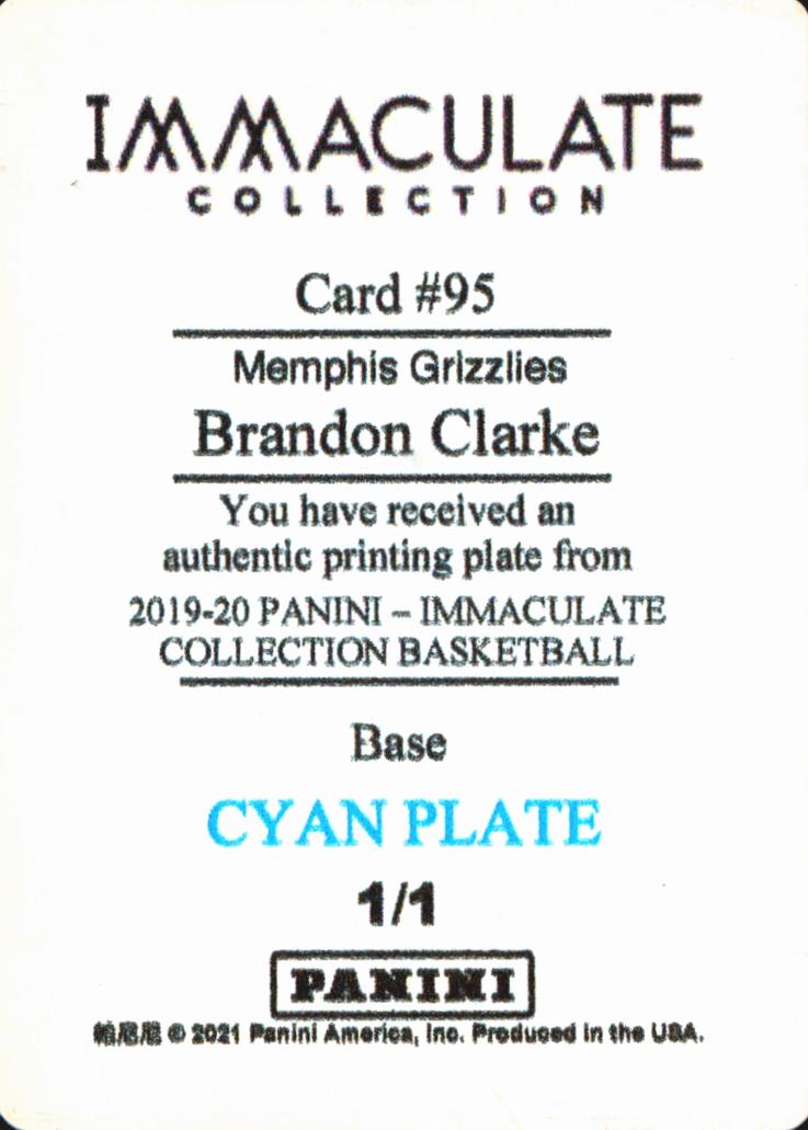 Brandon Clarke 2019-20 Immaculate Cyan Printing Plate RC 1/1 Memphis Grizzlies