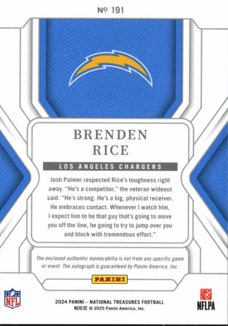 Brenden Rice 2025 National Treasures Patch RC Auto /99 Los Angeles Chargers