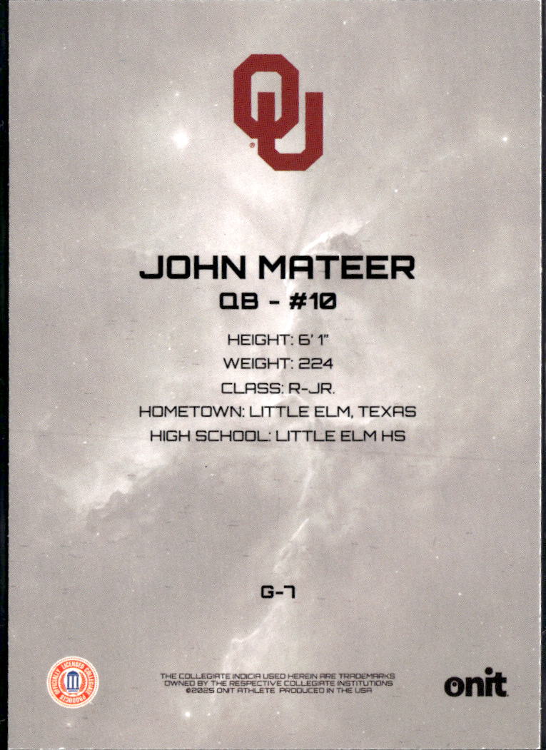 John Mateer 2025 Onit Athlete Purple Nebula /99 Oklahoma Sooners