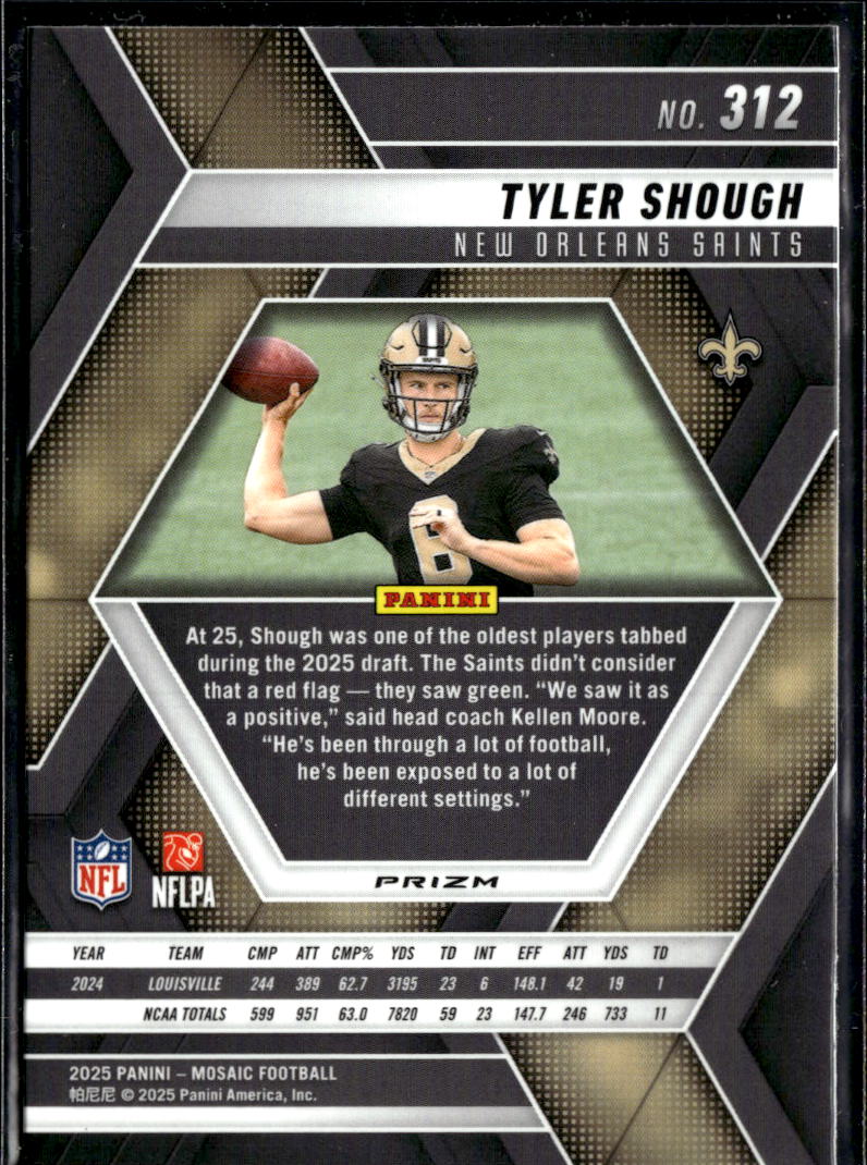 Tyler Shough 2025 Panini Mosaic Yellow Reactive RC New Orleans Saints