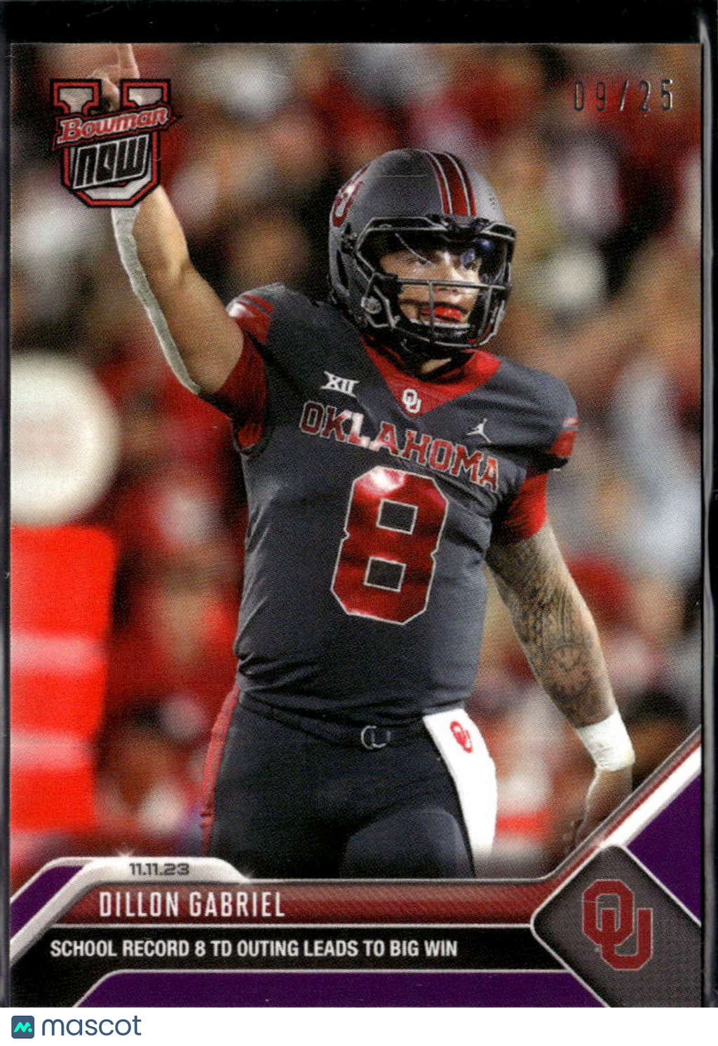 Dillon Gabriel 2023 Bowman Now Purple /25 Oklahoma Sooners