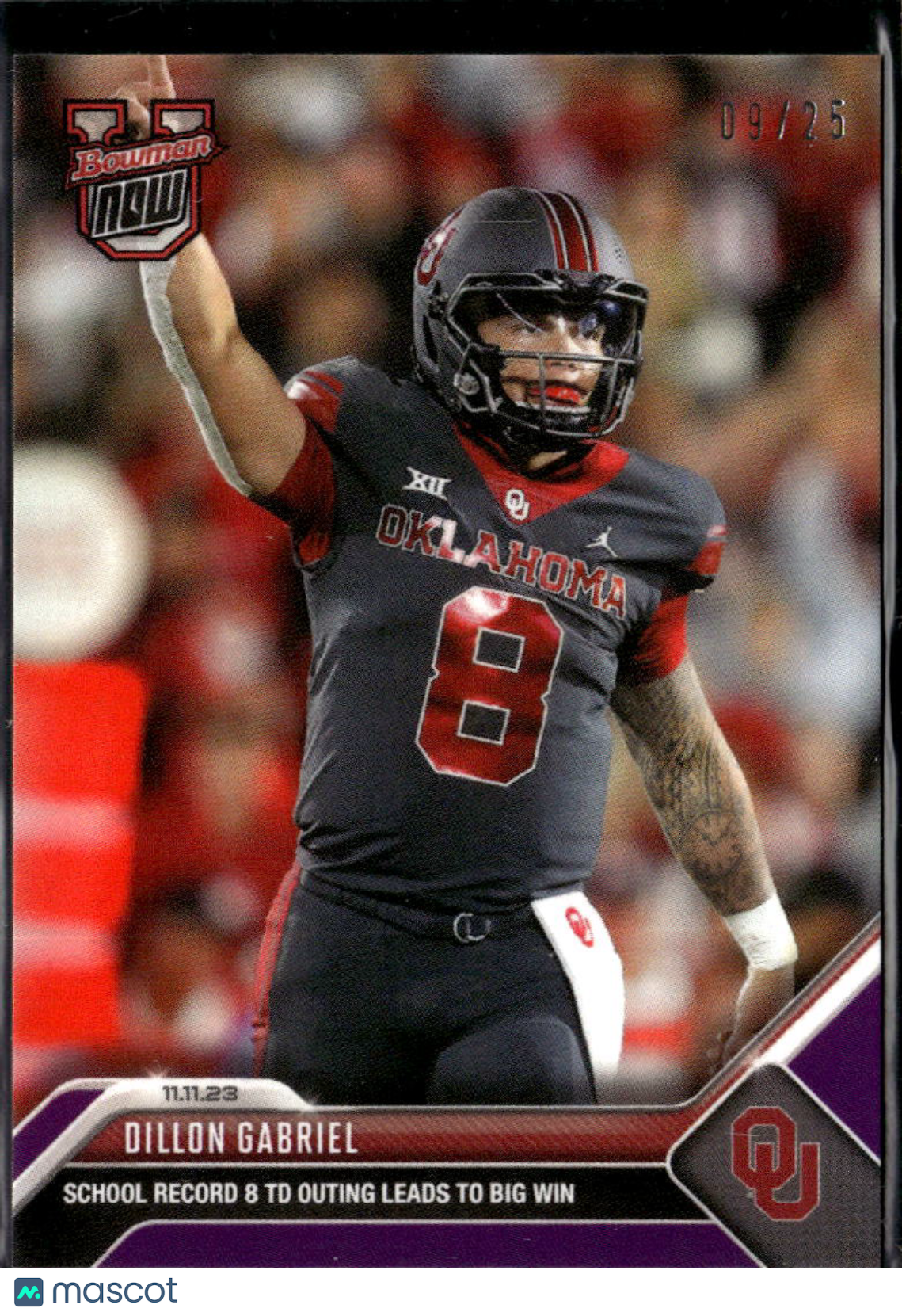 Dillon Gabriel 2023 Bowman Now Purple /25 Oklahoma Sooners