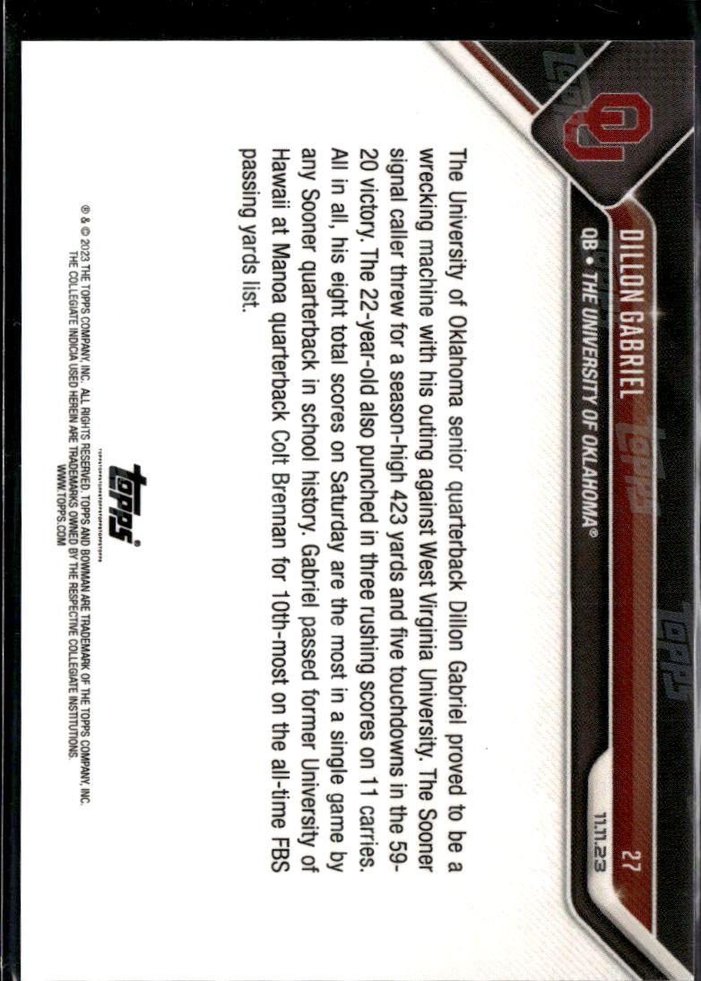 Dillon Gabriel 2023 Bowman Now Purple /25 Oklahoma Sooners