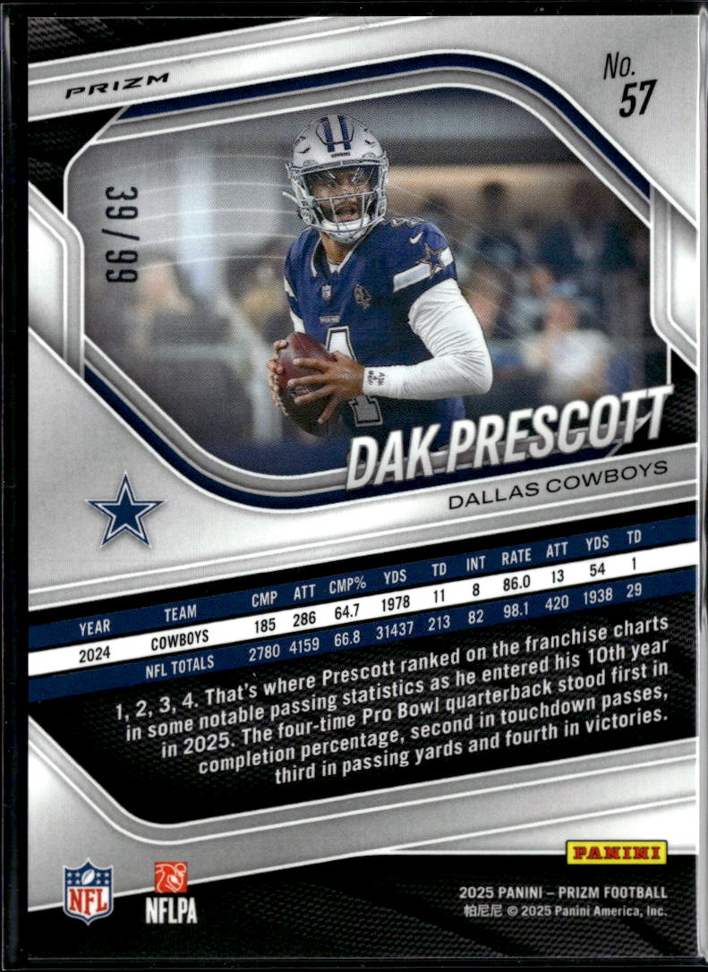 Dak Prescott 2025 Prizm Blue Ice Prizm 39/99 #57 Dallas Cowboys