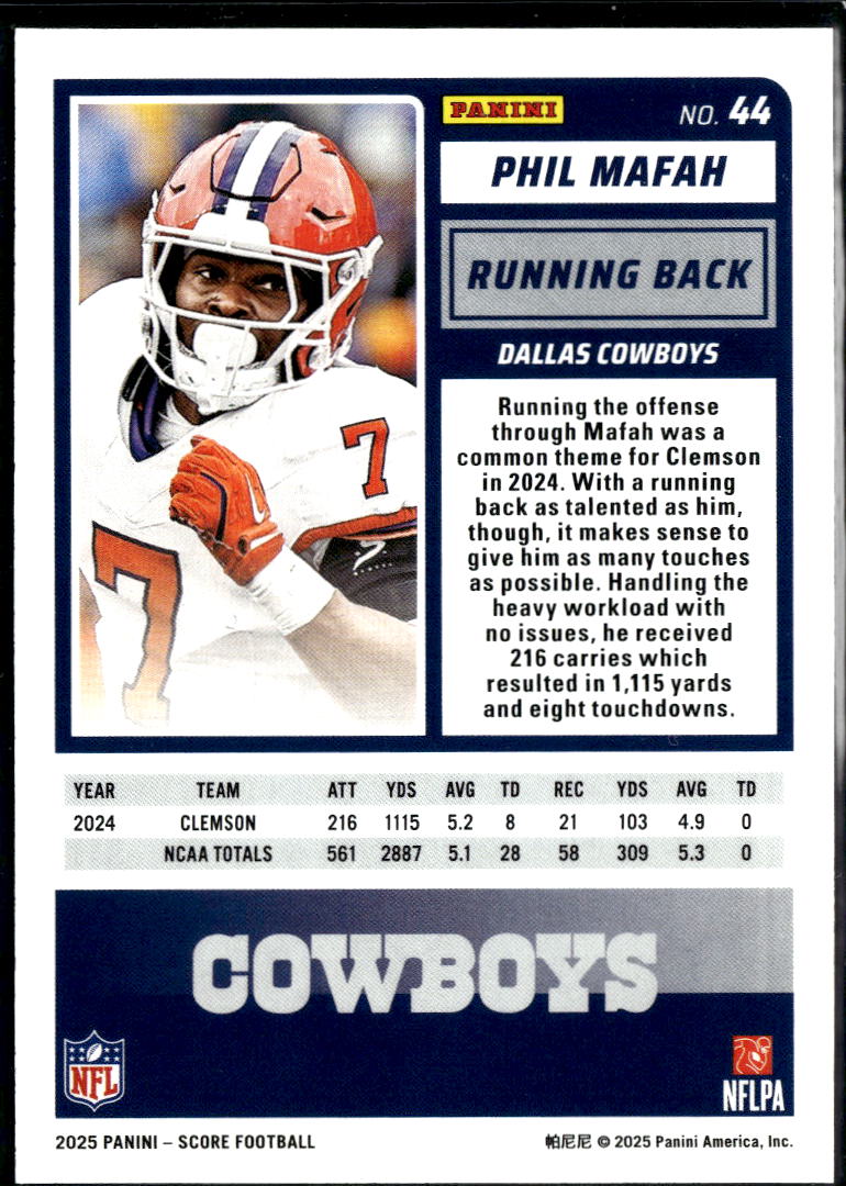 Phil Mafah 2025 Panini Score Football Red Zone /20 Dallas Cowboys