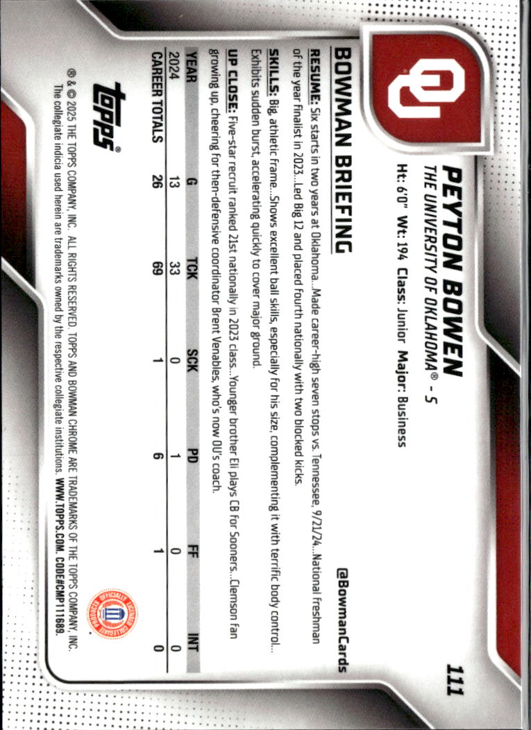 Peyton Bowen 2024 Bowman Chrome 1st GOLD Refractor 10/50 Oklahoma Sooners
